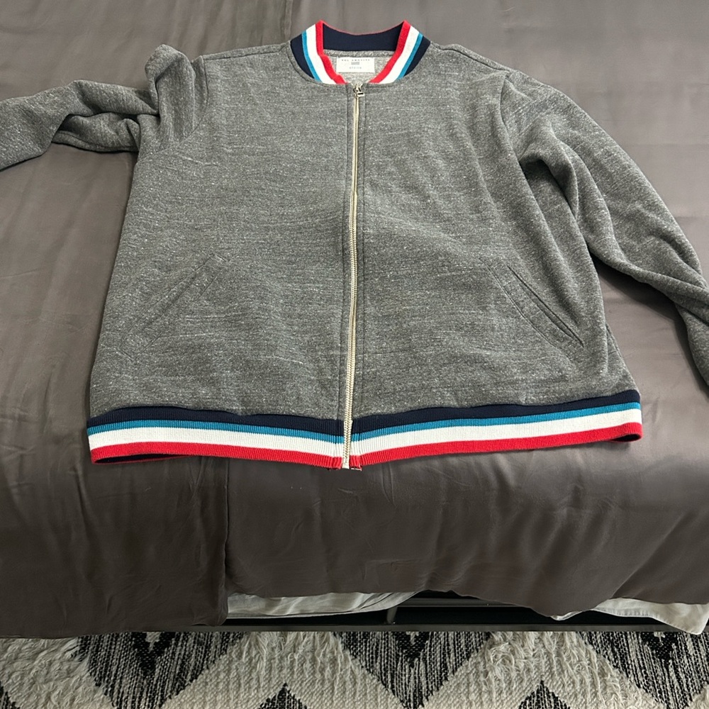 Sol Angeles Gray Jacket with Striped Collar, cuffs and hem. Medium. Like new